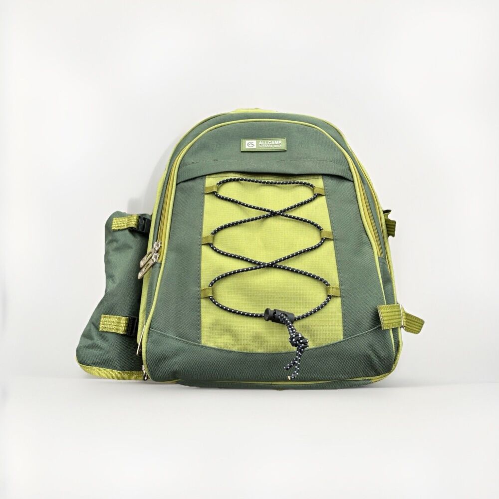 ALLCAMP Insulated Picnic Backpack Set for 2, Green Striped blanket, Plates etc